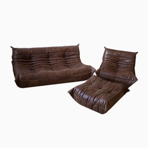 Dark Brown Leather Togo Lounge Chair, Pouf and 3-Seat Sofa by Michel Ducaroy for Ligne Roset, Set of 3
