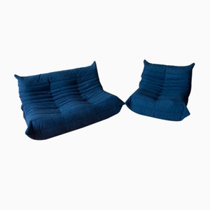Blue Navy Microfiber Togo Sofa & Lounge Chair by Michel Ducaroy for Ligne Roset, 1970s, Set of 2