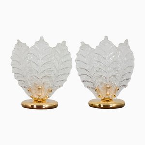 Italian Brass and Murano Glass Leaf Shaped Table Lamps Attributed to Novaresi, Set of 2