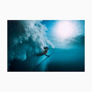 Nuture, Surfer Girl with Surfboard Dive Underwater with Under Big Ocean Wave, Photographic Paper