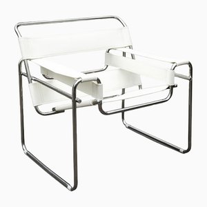 Tubular Chrome and White Leather Wassily B3 Chair by Marcel Breuer