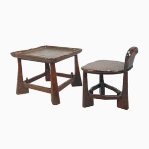 Mid-Century Wooden Chair & Table, 1950s, Set of 2