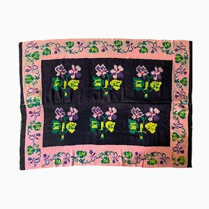 Romanian Rug Handmade in Wool with Purple Flowers on Black and Pink Background