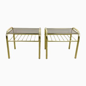 Brass Bedside Tables with Glass Plates, Set of 2