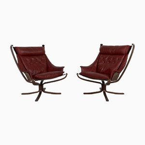 Vintage Winged Leather High Backed Falcon Chairs by Sigurd Resell, Set of 2