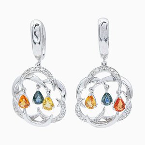 18 Karat White Gold Multicolor Sapphires Diamonds Dangle Earrings, Set of 2