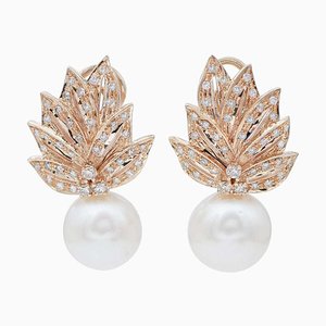 14 Carat Rose Gold, South-Sea Pearls and Diamonds Earrings, Set of 2