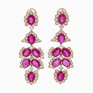 14 Carat Rose Gold, Rubies and Diamonds Chandelier Earrings, Set of 2
