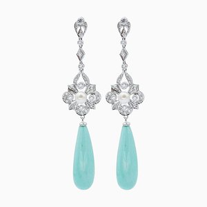 14 Carat White Gold, Turquoise, Diamonds and Pearls Dangle Earrings, Set of 2