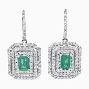 14 Carat White Gold, Emeralds and Diamonds Earrings, Set of 2