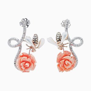 14 Carat Rose Gold, Coral, White Stones, White and Black Diamonds Platinum Earrings, Set of 2