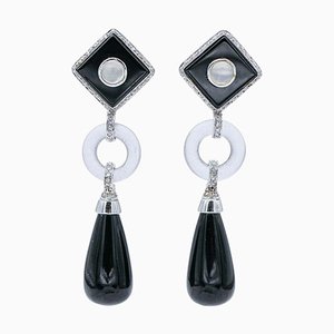 14 Carat White Gold, Onyx, Rock Crystal, Moonlight Stone and Diamonds Dangle Earrings, Set of 2