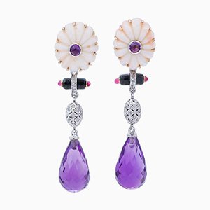 14 Carat Gold, Coral, Hydrothermal Amethysts, Rubies, Amethysts, Onyx and Diamonds Earrings, Set of 2