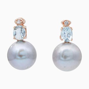 14 Carat Rose Gold, Aquamarine, Grey Pearls and Diamonds Earrings, Set of 2