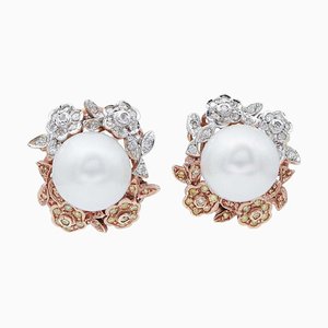 14 Carat White and Rose Gold, Pearls and White and Yellow Diamonds Retro Earrings, Set of 2