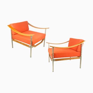 Teak and Fabric Armchairs, 1960s, Set of 2