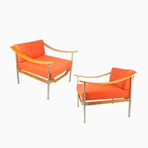 Teak and Fabric Armchairs, 1960s, Set of 2