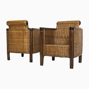 Rattan and Wooden Armchairs, the Netherlands, 1950s, Set of 2