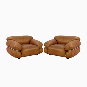 Camel Leather Sesann Armchairs by Gianfranco Frattini for Cassina, 1970s, Set of 2
