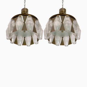 Lámparas colgantes italianas de cristal de Murano y latón de Aureliano Toso, años 60. Juego de 2