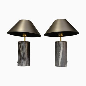Mid-Century French Table Lamp in Dark Gray Marble with White Veining