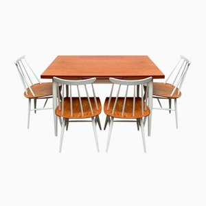 Mid-Century Teak Table and Fanett Chairs by Ilmari Tapiovaara for Asko, Set of 5