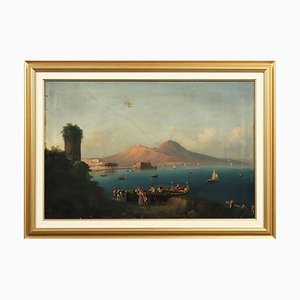 View of the Gulf of Naples and Vesuvius, 19th-Century, Oil on Canvas, Framed