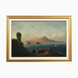 Vue du Golfe de Naples et du Vésuve, 19e siècle, Huile sur Toile, encadrée