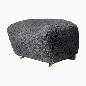 Smoked Oak The Tired Man Footstool in Anthracite Sheepskin by Lassen
