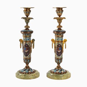 Late 19th Century Candleholders in Bronze Cloisonné, Set of 2