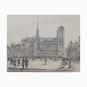 Acquarello su carta Henri Noyeux, Place de l'hôtel de ville, Paris, 1902