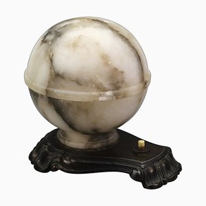 Art Deco White and Black Alabaster Globe Sphere Night Lamp, 1930s