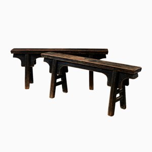 Antique Chinese Dark Elm Benches, Set of 2