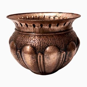 Vintage Round Embossed Copper Cachepot or Vase by Egidio Casagrande, Italy