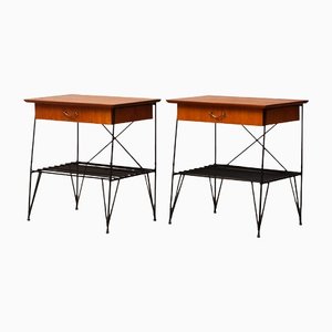 Teak and Metal Wire Gullberg Style Nightstands Bedside Tables, 1950s, Set of 2