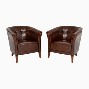 Antique Swedish Leather Armchairs, Set of 2