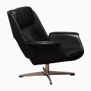 Black Leather Rondo Swivel Chair by Olli Borg for Asko, Finland, 1960s