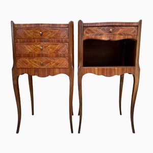 Early 20th Century French Marquetry & Iron Hardware Bedside Tables or Nightstands, Set of 2