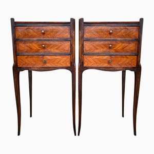 French Walnut Nightstands With Three Drawers, 1940s, Set of 2