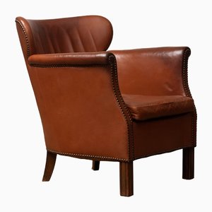 Scandinavian Tan Brown Nailed Leather Club Cigar Chair, Denmark, 1940s