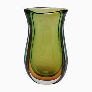 Large Vintage Clear Green & Orange Sommerso Murano Glass Vase in Seguso Style