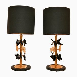 Lámparas de mesa con mariposas de cristal de Murano y latón. Juego de 2