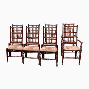 Ash Spindleback Dining Chairs with Rush Seats, 1920s, Set of 8