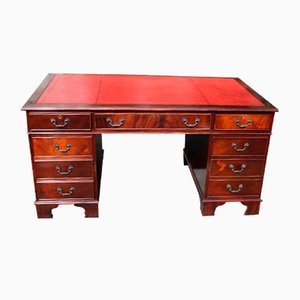 Large Mahogany Pedestal Desk with Red Leather Top, 1960s