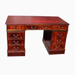 Large Mahogany Pedestal Desk with Red Top and Key, 1960s