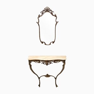 Espejo de pared y consola vintage con tablero de ónix y marco de latón fundido, Italia. Juego de 2