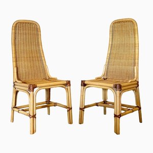 Chaises en Osier, Cuir et Bambou, 1970s, Set de 2