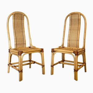 Stühle aus Korbgeflecht, Leder & Bambus, 1970er, 2er Set
