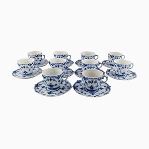 Blue Fluted Full Lace Coffee Cups with Saucers by Royal Copenhagen, Set of 20