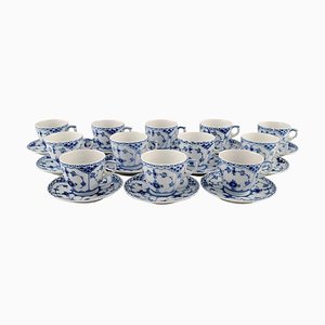 Blue Fluted Half Lace Coffee Cups with Saucers by Royal Copenhagen, Set of 24